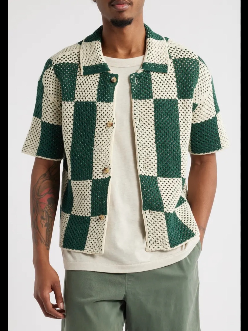 PacSun Green and Cream Checker Knit Button-Up